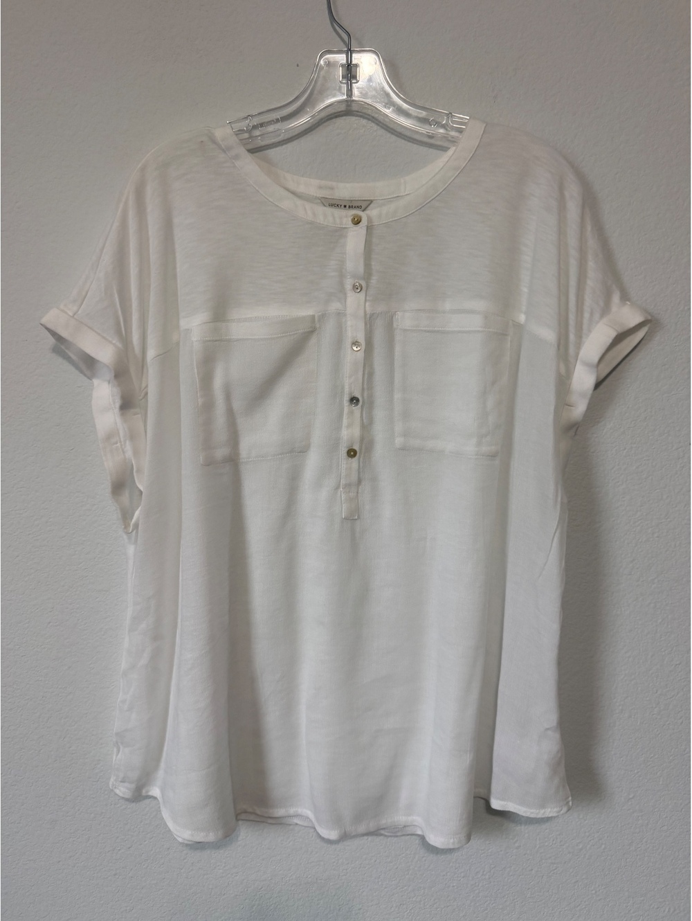 Lucky Brand Short Sleeve Henley Neck Pocket Front White Sheer T-Shirt Size 1X